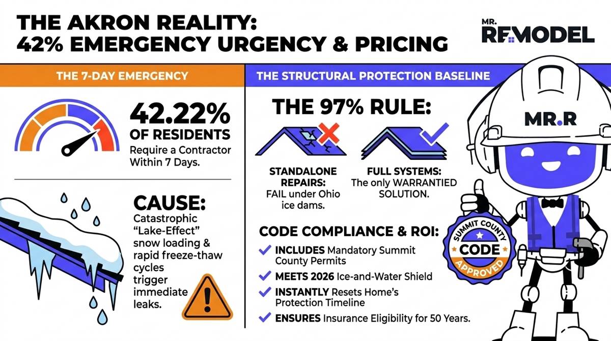 A 2026 Akron roofing emergency and cost summary infographic illustrating the 42% high-urgency rate and the necessity of full-system replacements for local code compliance.